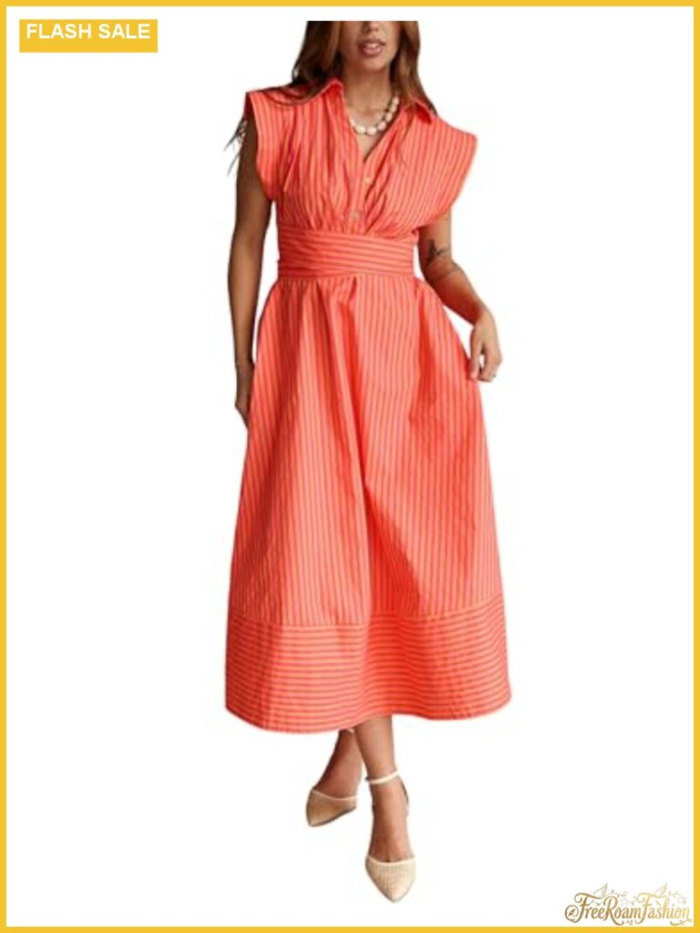 Women's Striped Button Front Maxi Dress with Belt Sleeveless Casual Beach